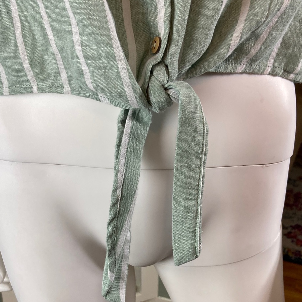 Altar'd State Button Up Down Green White Striped Crop Top Tie XL XLarge collared - Picture 5 of 10